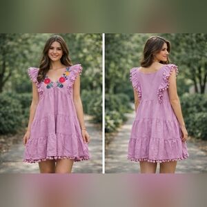 NWT Umgee Pink Embroidered Floral Boho Dress Pom Pom Trim Tiered Size M